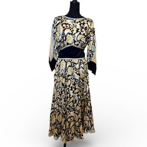 Vintage Jeanne Marc Black and Gold Patterned Long Sleeve Dress POCKETS!